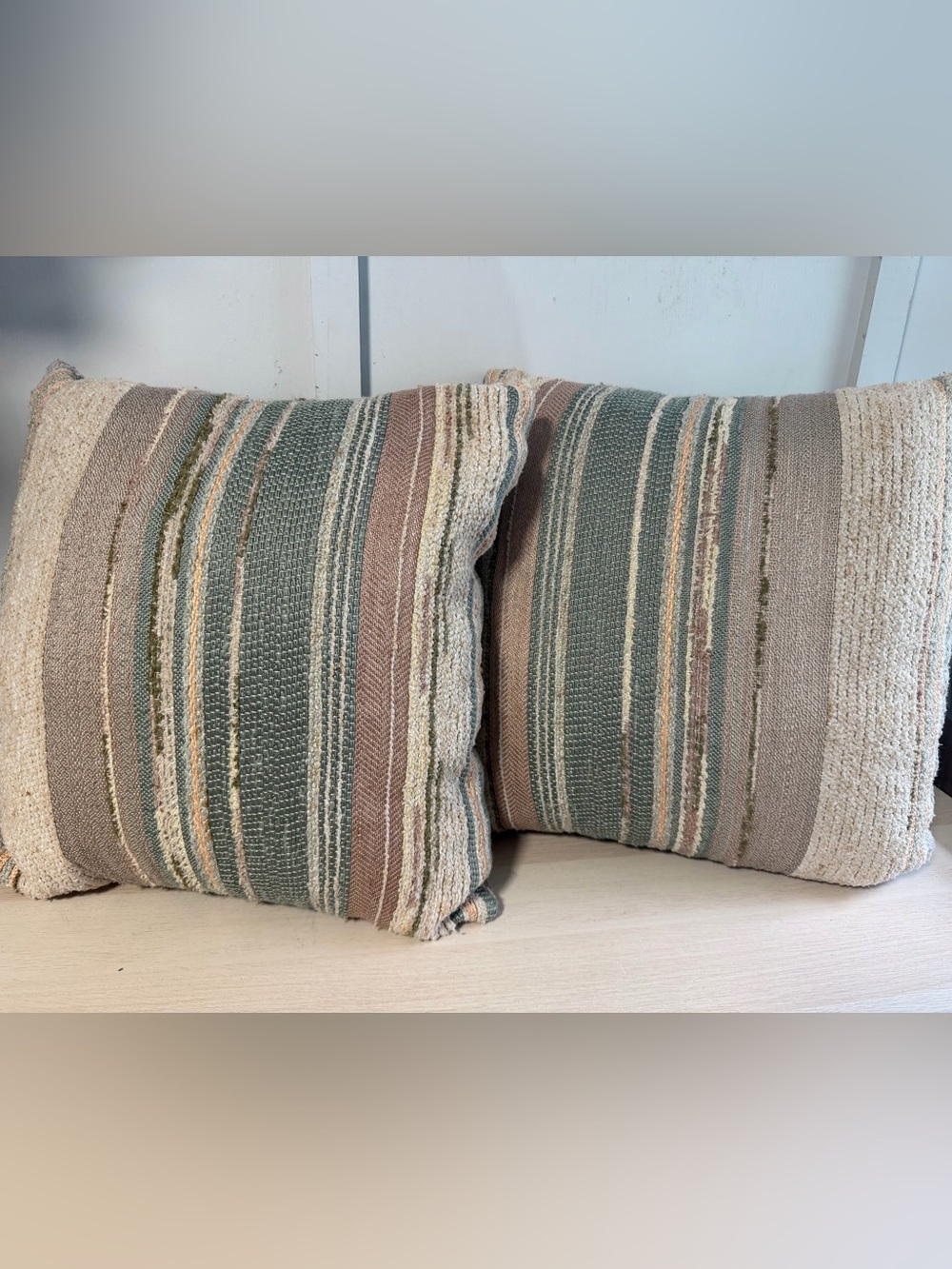 Pair of Vintage Boho Chic Striped Throw Pillows in Sage, Mauve and Taupe